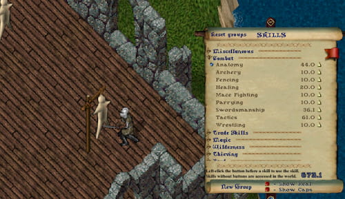 UO Avatar swinging a katana at a training dummy to raise swordsmanship skill