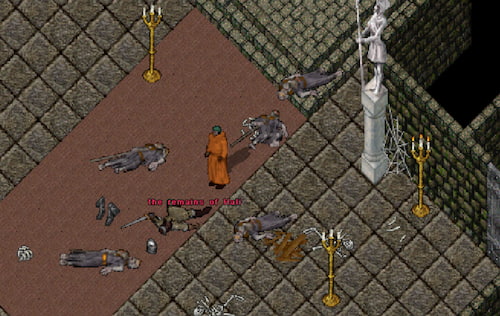 A throne room in an old castle overran by murders and undead