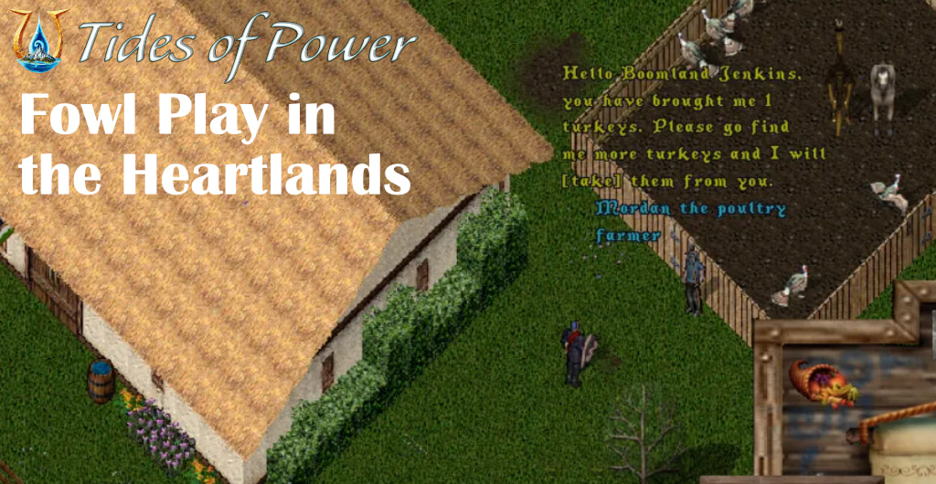 A farmhouse with a turkey pen stands in a grassy field. There are two individuals speaking. Ultima Online screenshot