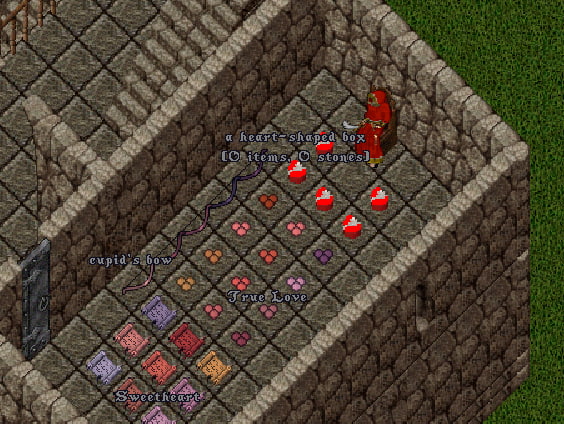 A tower in Ultima Online showcasing collectable items for Valentines day