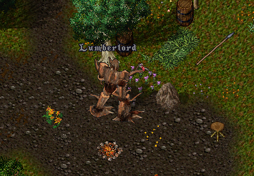 A walking tree stands in the forest near an abandoned camp. He is the Lumber Lord