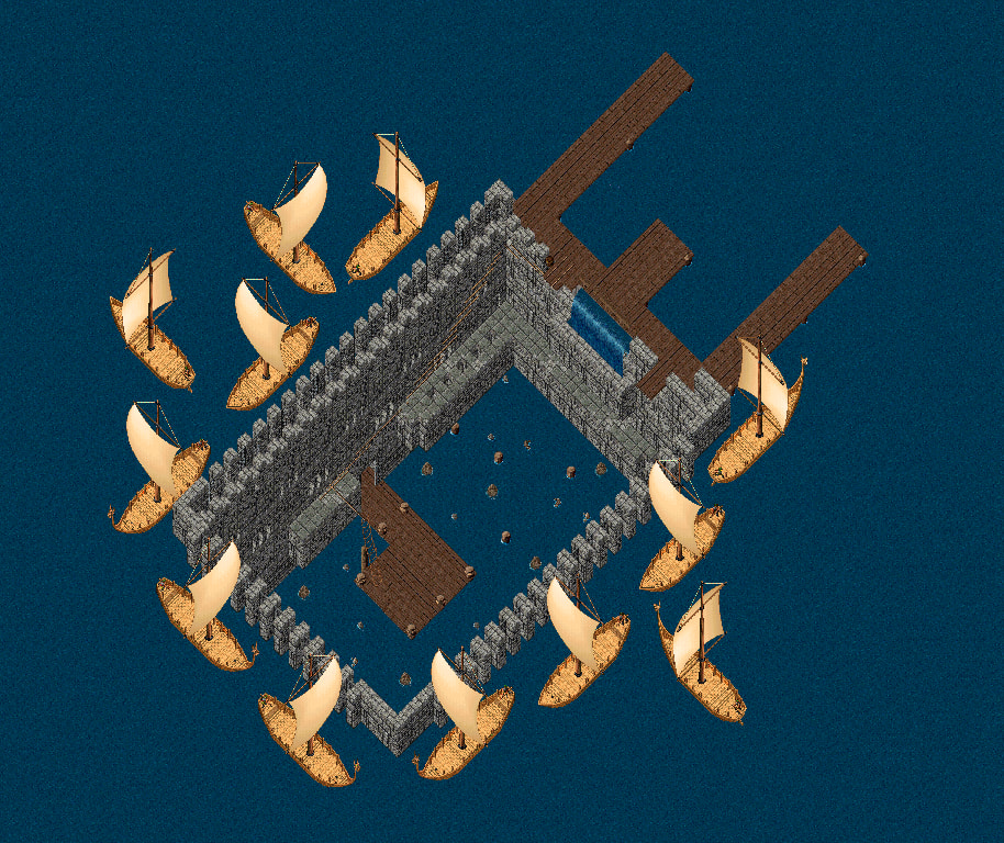 A stone castle sitting in an ocean. It appears to be flooded yet somehow holding back the ocean. Boats surround this structure, there are docks and a dangerous rope path leading down into the courtyard