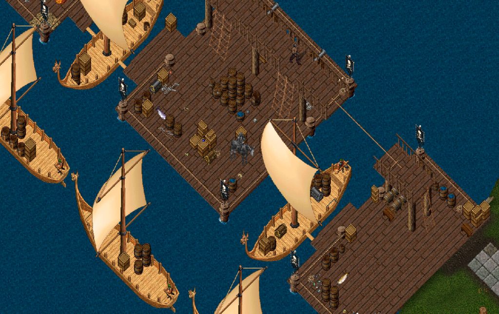 a busy dock at a pirate port. A screenshot from Ultima Online